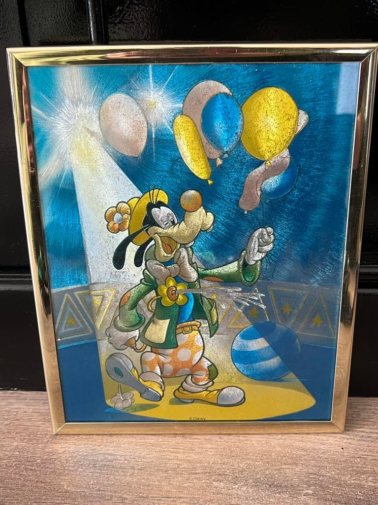Vintage Disney Goofy clown print metallic, Ophalen of Verzenden, Goofy of Pluto, Gebruikt, Plaatje of Poster