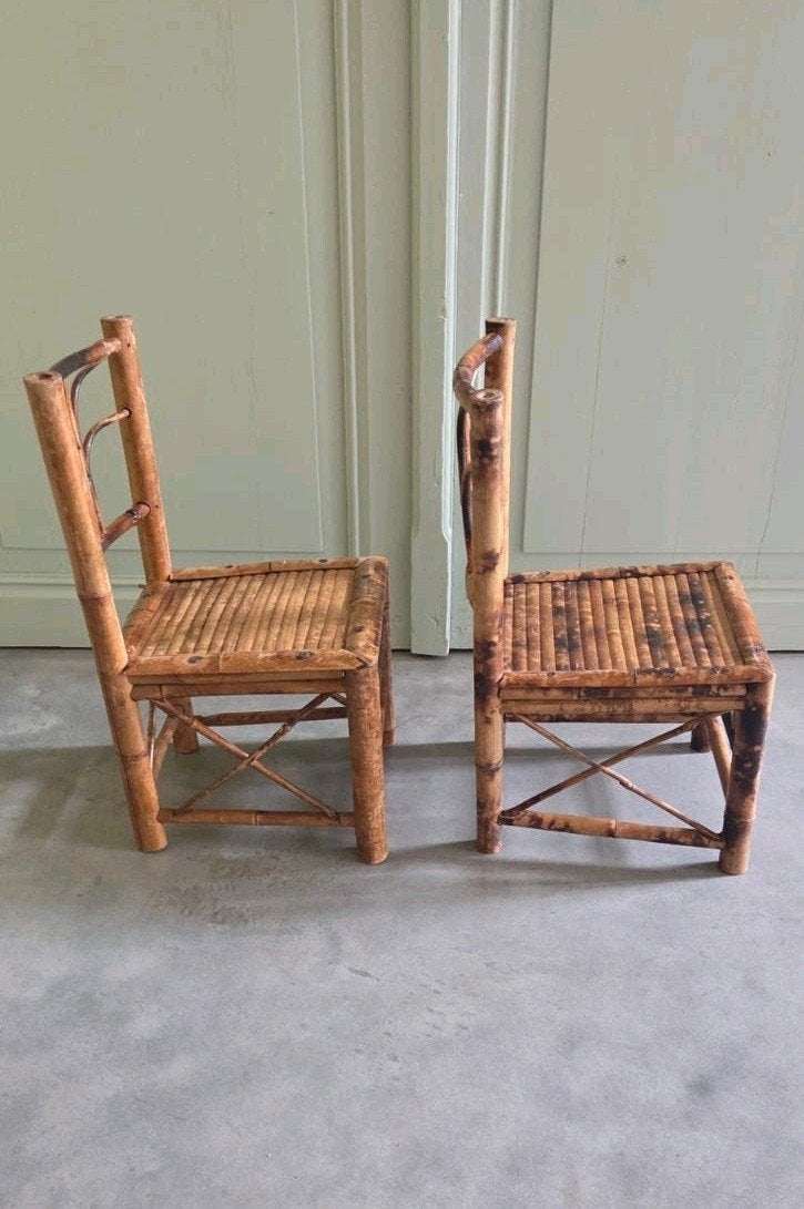 ​2x Vintage Bamboe Kinderstoeltje Scorched Bamboo / Tortoise, Ophalen of Verzenden