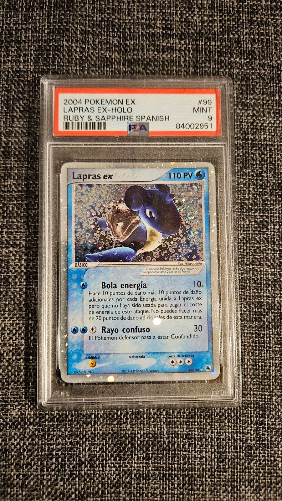 2004 Pokémon Spaanse EX Ruby & Sapphire Lapras EX PSA 9, Ophalen of Verzenden, Zo goed als nieuw, Losse kaart, Foil