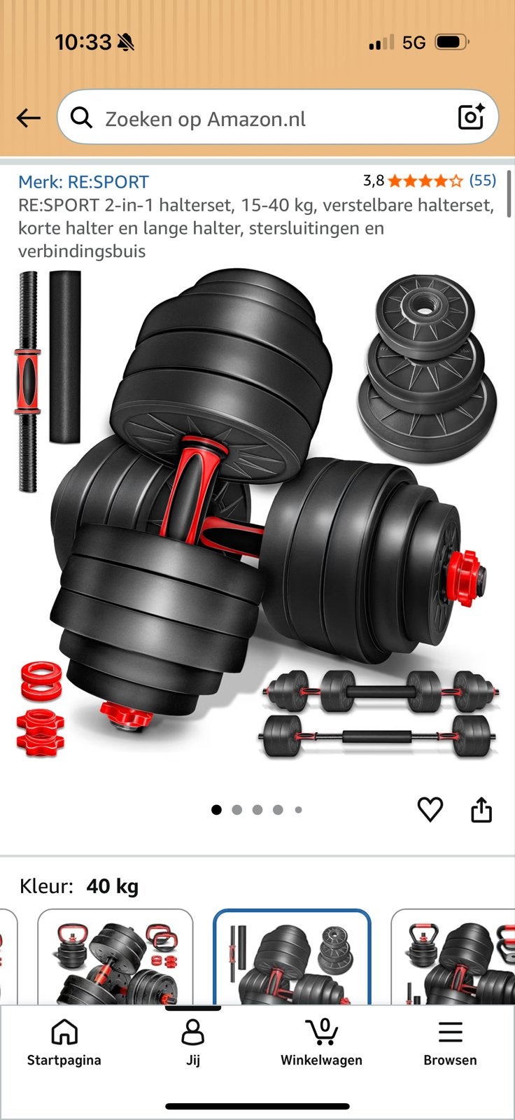 RE:SPORT 2-in-1 Halterset - 40 kg Dumbbells en Halter, Ophalen, Zo goed als nieuw, Armen, Halterset
