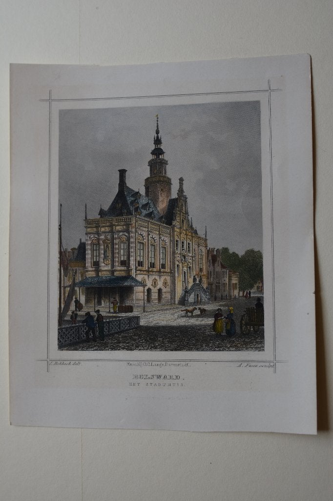 BORSWARD STADHUIS STAALGRAVURE 1858 HANDGEKLEURD TERWEN EB1, Antiek en Kunst, 1800 - 1899, Verzenden, Stadsgezicht, 15 cm