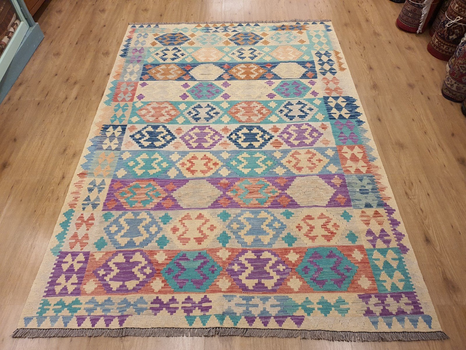 Prachtige handgeweven oosterse kelim 245x171, 150 tot 200 cm, Vof Slats Antiek, Ophalen of Verzenden, Kelim