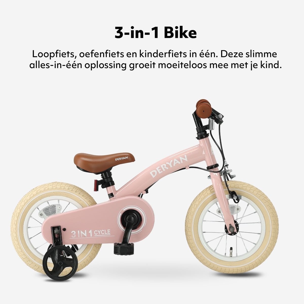 Deryan 3-in-1 Kinderfiets roze  - nieuw in doos, Ophalen, Zijwieltjes, 16 tot 20 inch, Velgrem