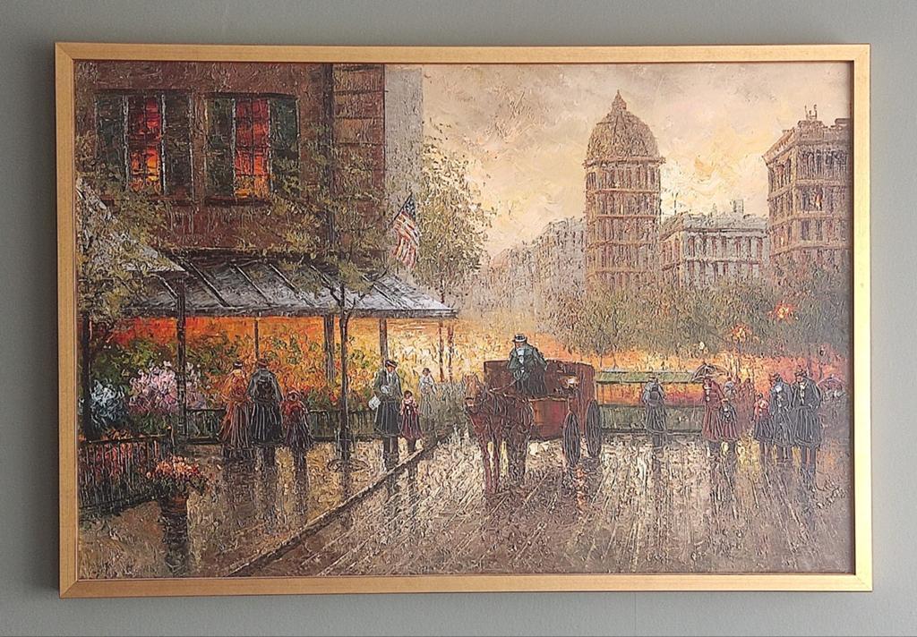 Olieverf Schilderij G. Harvey style- Stadsgezicht met Koets, Antiek en Kunst, Kunst | Schilderijen | Klassiek, Ophalen of Verzenden