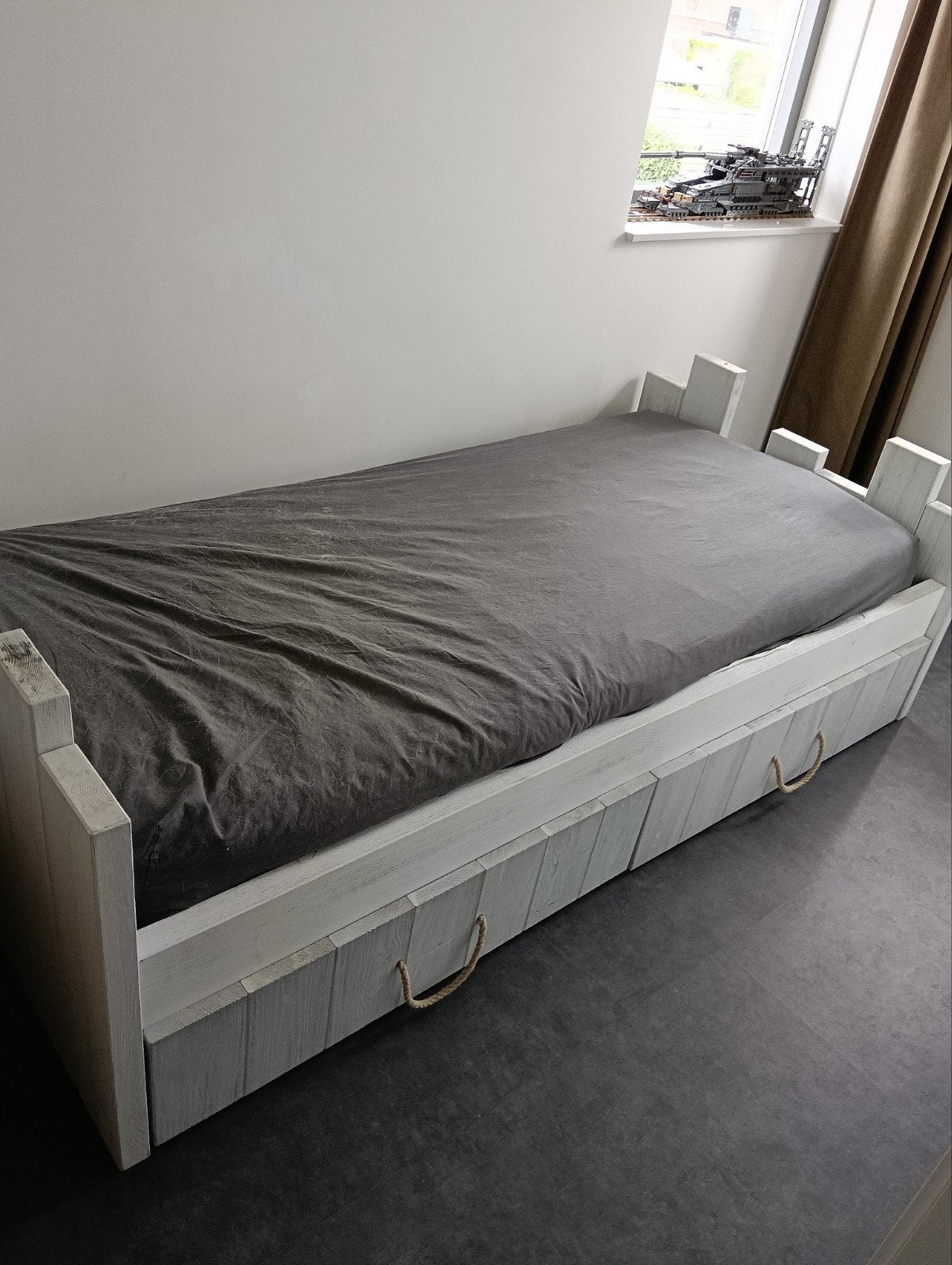 Massief houten stone washed bed 90x200, Ophalen, Eenpersoons, Wit, Zo goed als nieuw