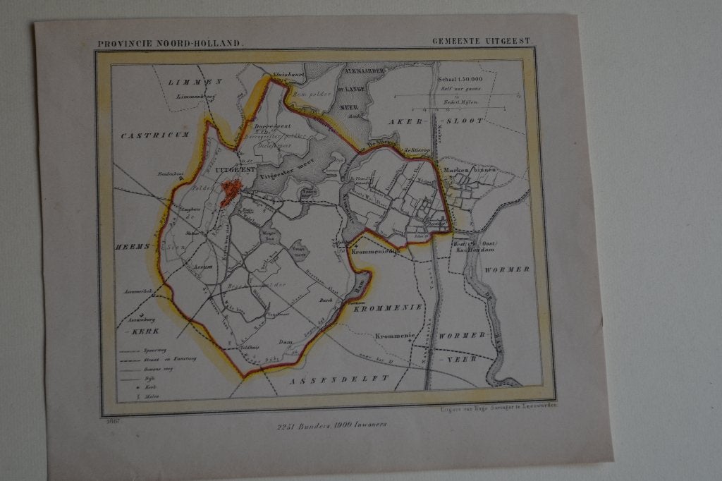 UITGEEST PLATTEGROND GEMEENTE 1867 Kuiper Atlas Litho E51, Antiek en Kunst, 1800 - 1899, Verzenden, Cartografie, 19 cm