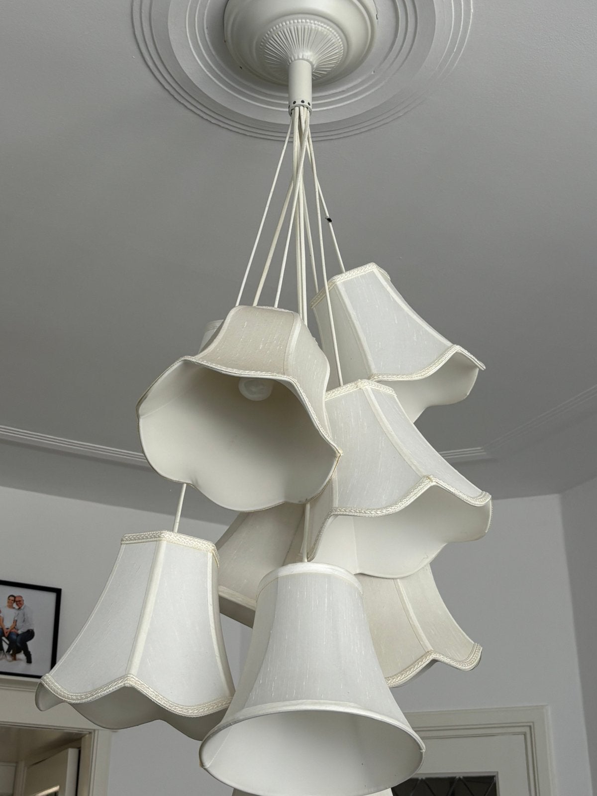 Hanglamp met 9 kapjes, Huis en Inrichting, Lampen | Hanglampen, Ophalen, Gebruikt, Textiel, E14 (klein)