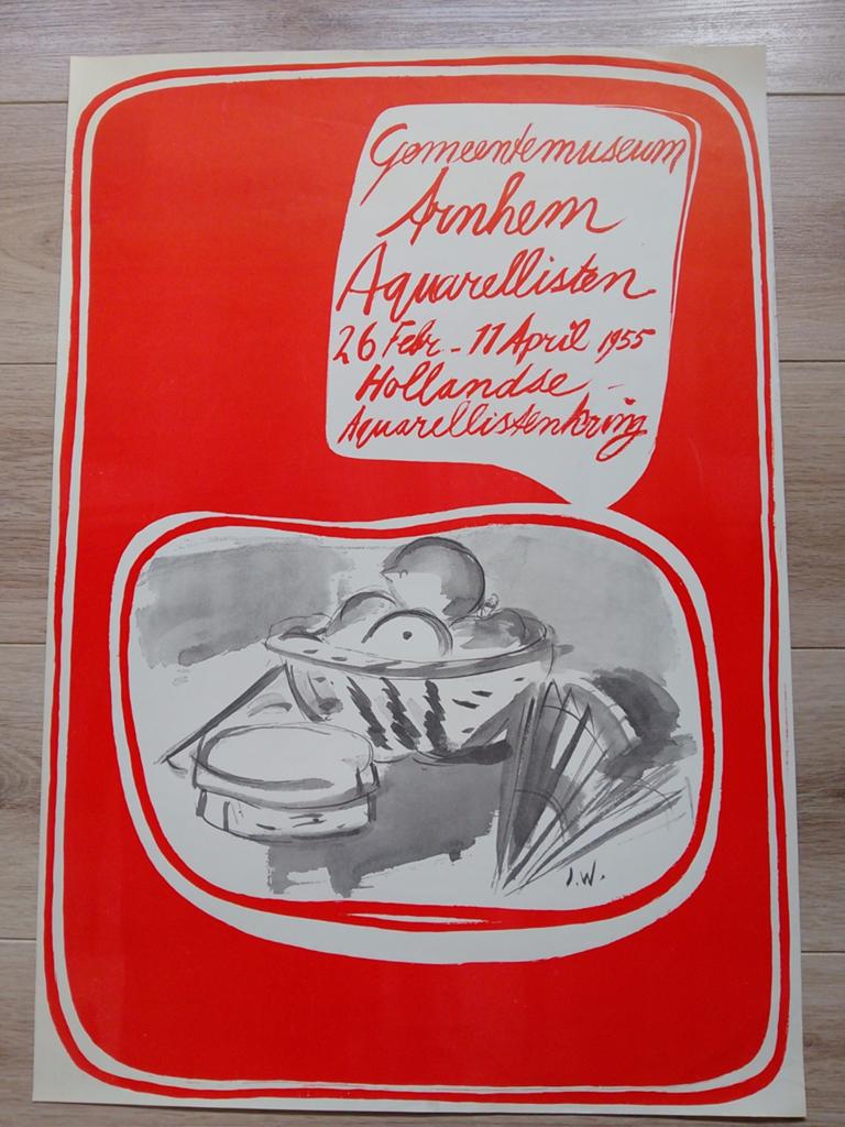 Vintage Poster Gemeentemuseum Arnhem Aquarellisten 1955, Ophalen of Verzenden, A1 t/m A3, Overige onderwerpen, Rechthoekig Staand