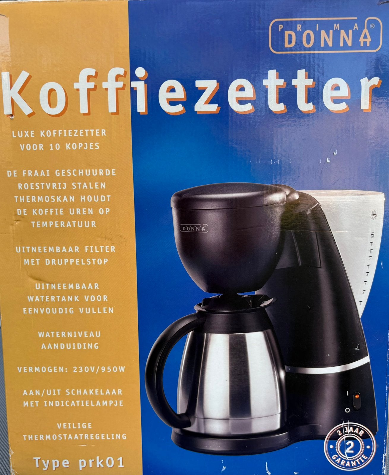 Prima Donna Koffiezetter  - Nieuw in doos, Witgoed en Apparatuur, Afneembaar waterreservoir, 10 kopjes of meer, Gemalen koffie