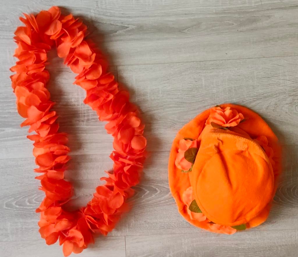 Oranje bloemenhoedje en bloemenslinger - Koningsdag set, Hobby en Vrije tijd, Feestartikelen, Ophalen of Verzenden, Zo goed als nieuw
