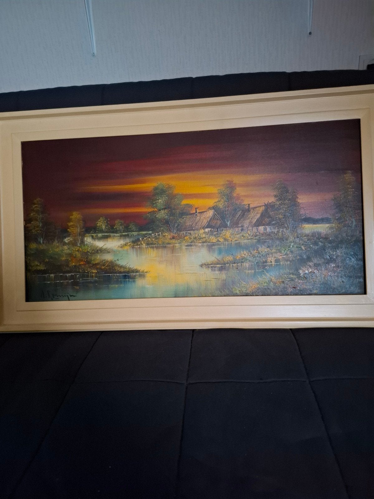 Schilderij A. Romijn - Hollands landschap bij zonsondergang, Doek, Realistisch, Ophalen of Verzenden, Landschap