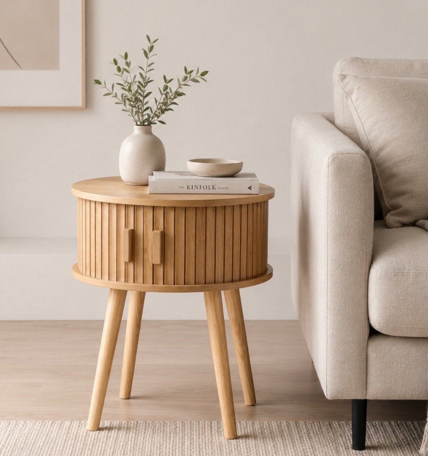 Houten Nachtkastje/Bijzettafel met Opbergruimte, Ophalen, Minder dan 45 cm, Minder dan 55 cm, Rond