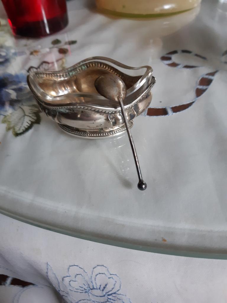 Zilver mosterd potje        met lepel 7cm lang rond 1900, Ophalen of Verzenden, Zilver