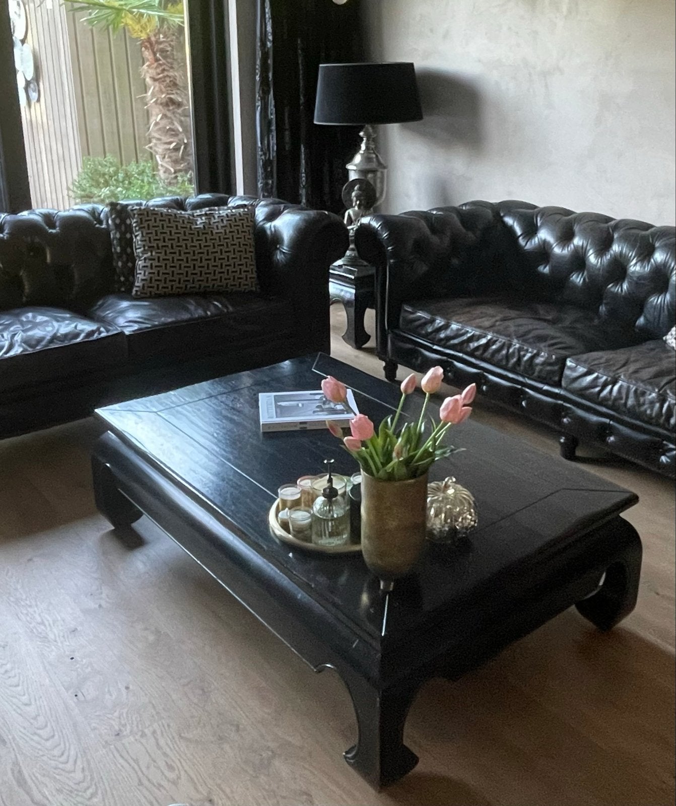 Massief houten zwarte salontafel opium 136x87 cm, Ophalen, Zo goed als nieuw, Hout