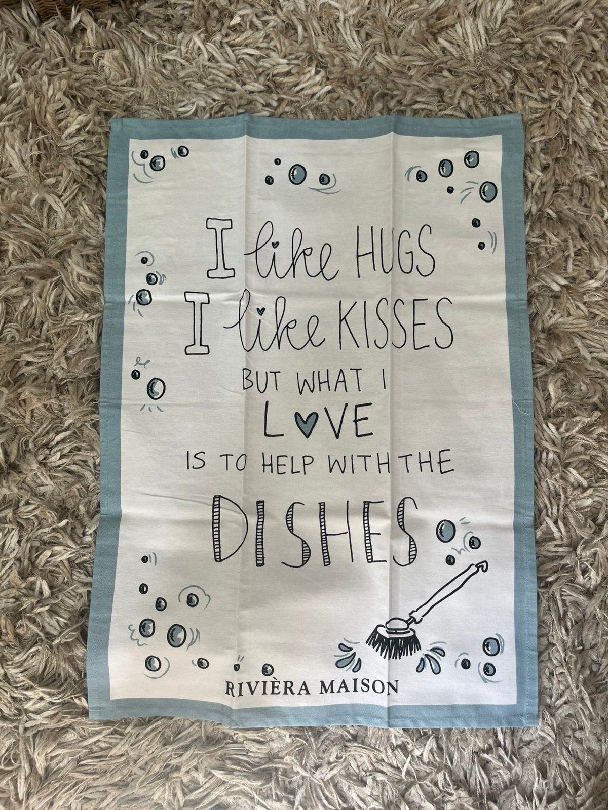 Te koop; Rivièra Maison theedoek, hugs, kisses, dishes, Katoen, Blauw, Nieuw, Riviera Maison