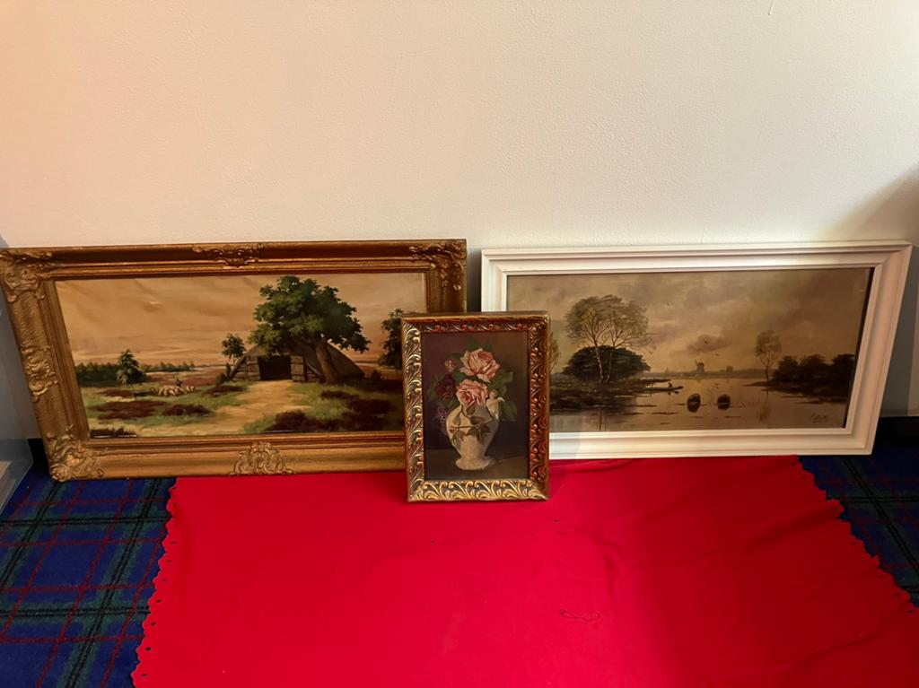 TEAB LOT Drie Schilderijen: Landschappen en Bloemen, Antiek en Kunst, Kunst | Schilderijen | Klassiek, Ophalen