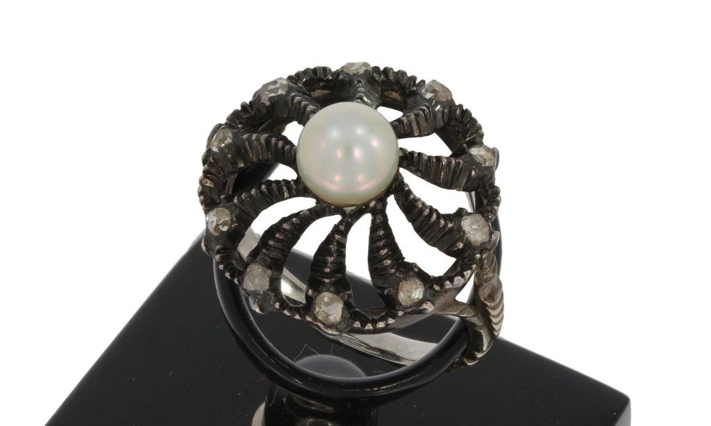 Diamanten parel antieke dames ring zilver doos fraai, Verzenden, Zilver, Ring, Met edelsteen