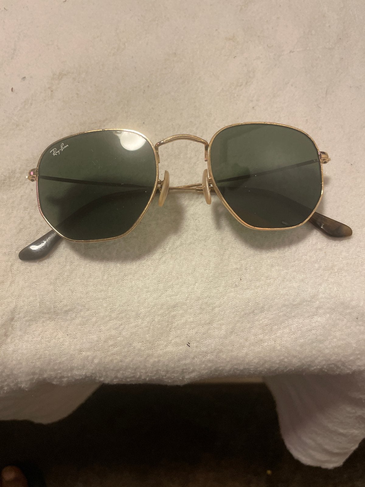 Ray-Ban Hexagonale Zonnebril Goud Groen, Gebruikt, Zonnebril, Ophalen of Verzenden, Ray-Ban