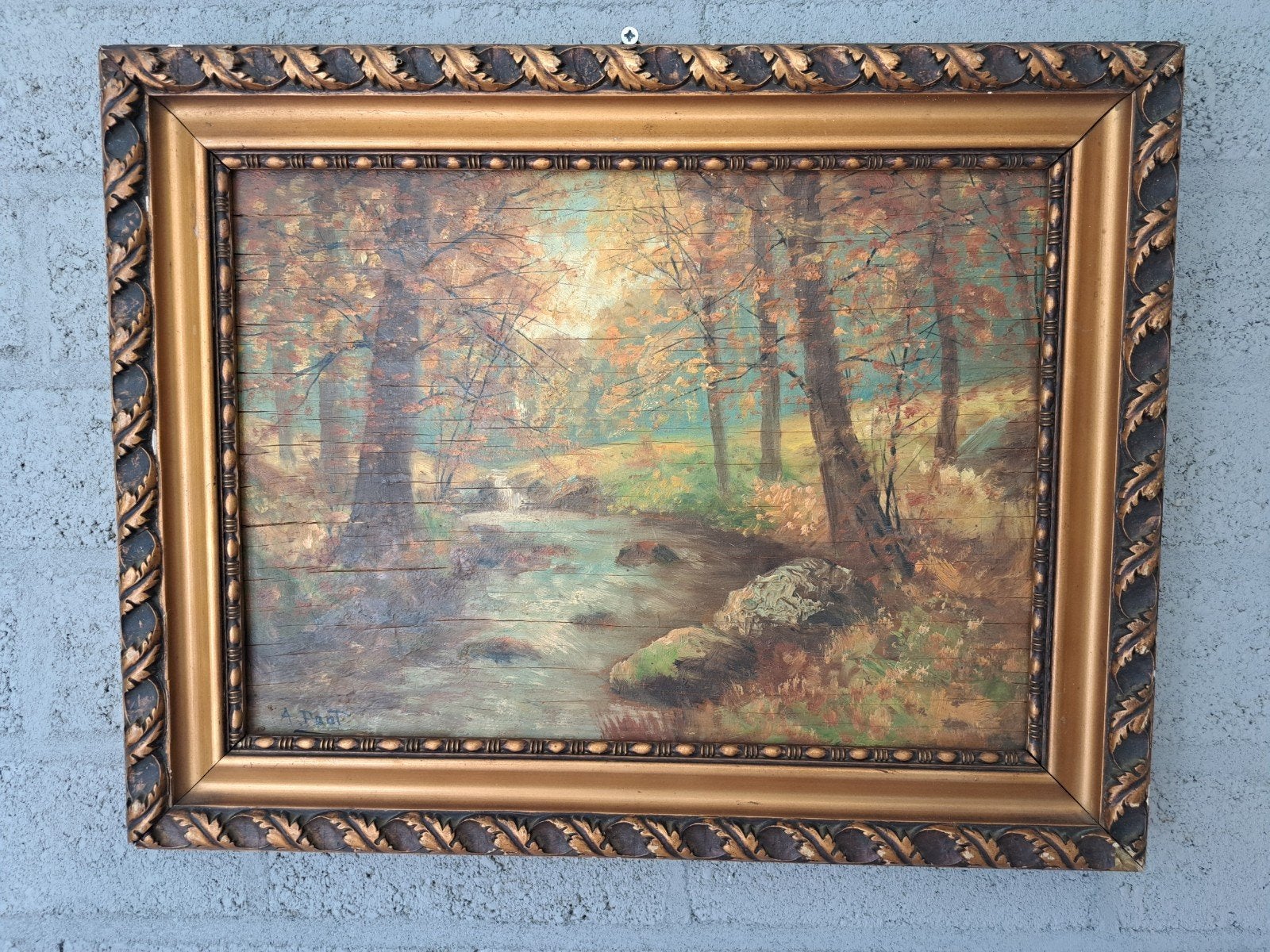 Schilderij A. Poot - Herfstlandschap met beek (49x38 cm), Ophalen of Verzenden