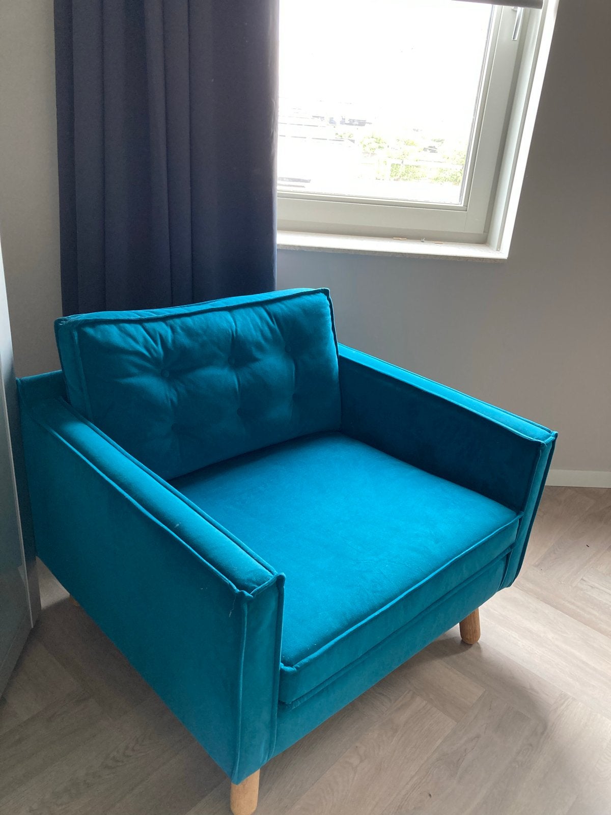Comfortabele fauteuil in turquoise stof, Huis en Inrichting, Ophalen, Zo goed als nieuw, 75 tot 100 cm, 75 tot 100 cm