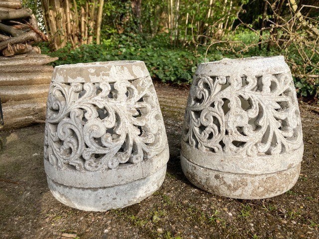 2x decoratieve steen/cement kaarshouders, Ophalen, Gebruikt, 23 cm, Grijs