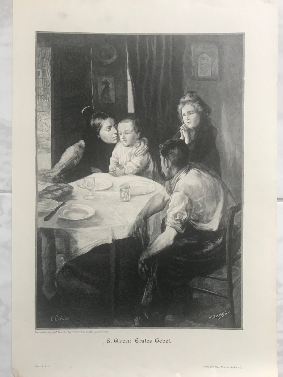 Erstes Gebet, E. Giran, originele gravure 1903, 31x22cm.Mooi, Origineel, 31 cm, 1950 - 1999, Portret