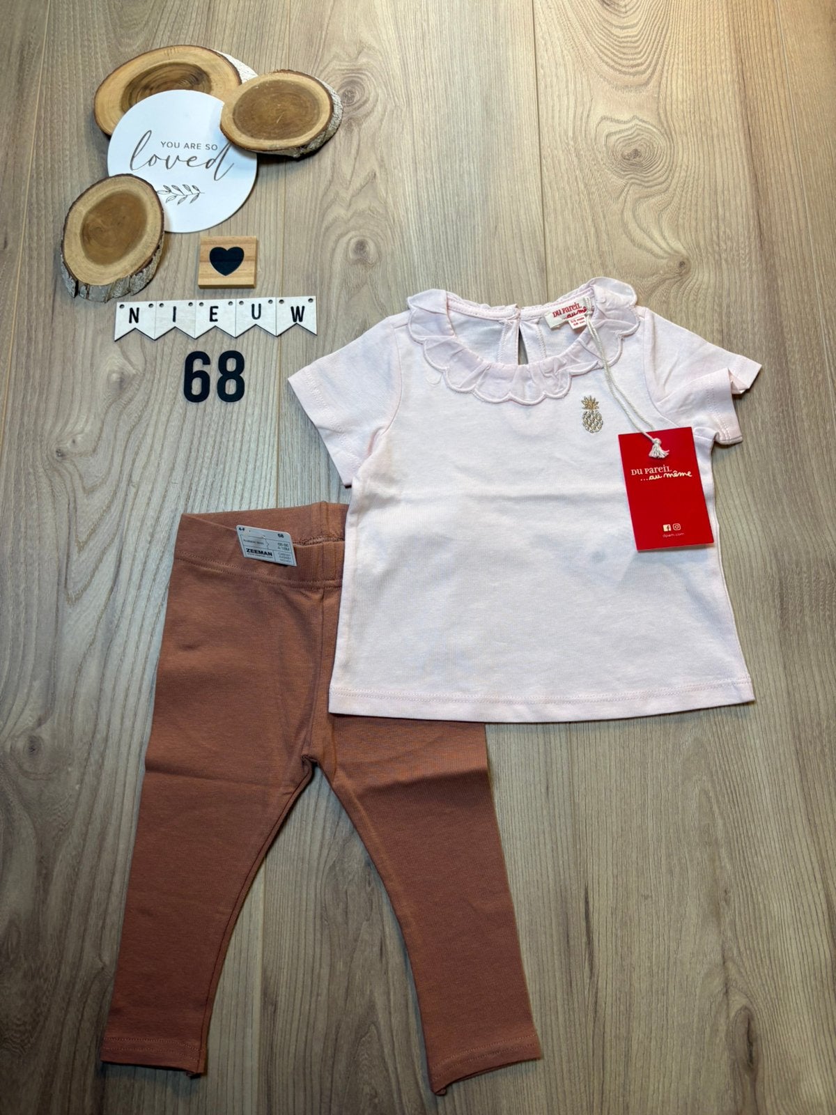 Baby meisje setje licht roze shirtje bruin legging maat 68, Ophalen of Verzenden, Nieuw, Meisje, Setje