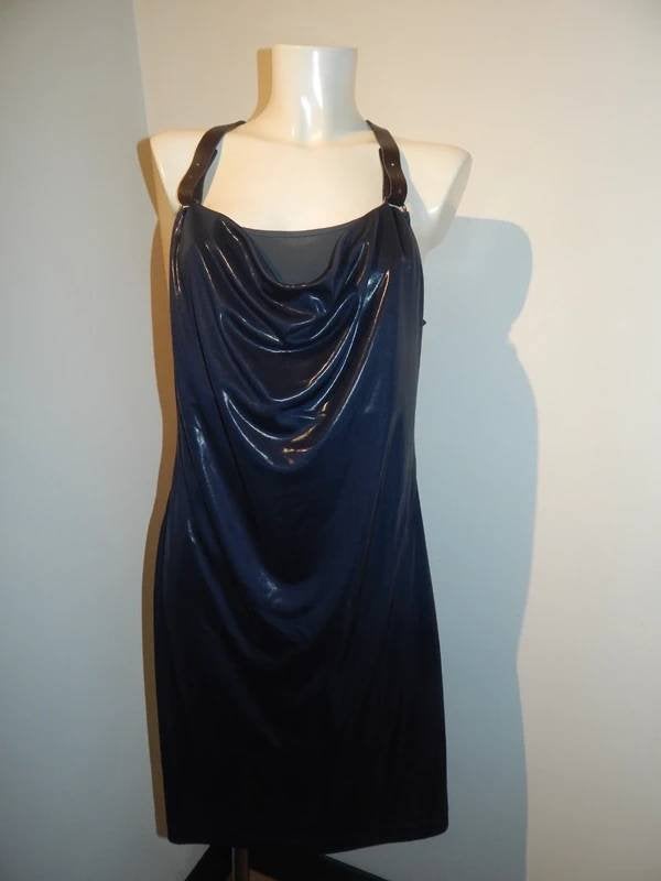 Marccain ijs blauwe jurk leren schouder banden glans N5 42