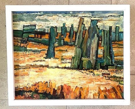 Surrealistisch landschap ca.1990 - initialen LKP, Antiek en Kunst, Doek, Expressionistisch, Ophalen of Verzenden, Olieverf