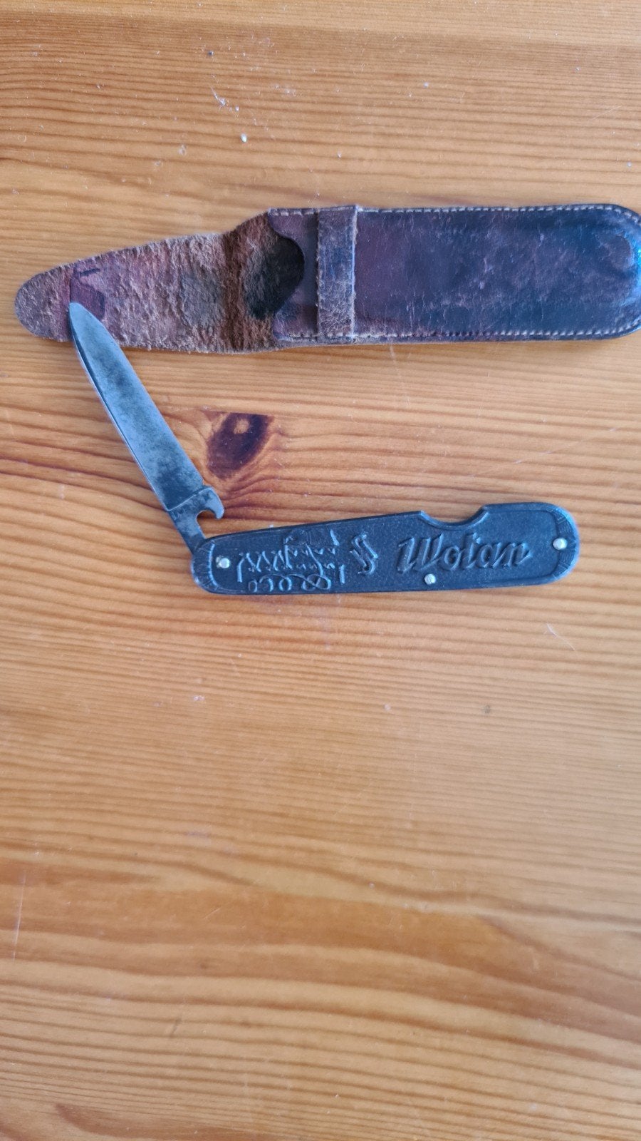 Vintage Wotan zakmes met flesopener en leren etui, Ophalen of Verzenden