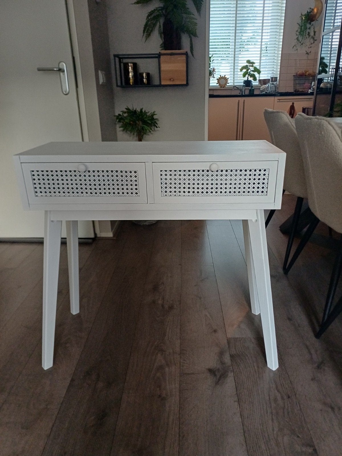 Witte sidetable met rotan lades, Gebruikt, Boho, Modern, 60 cm of meer, Rechthoekig