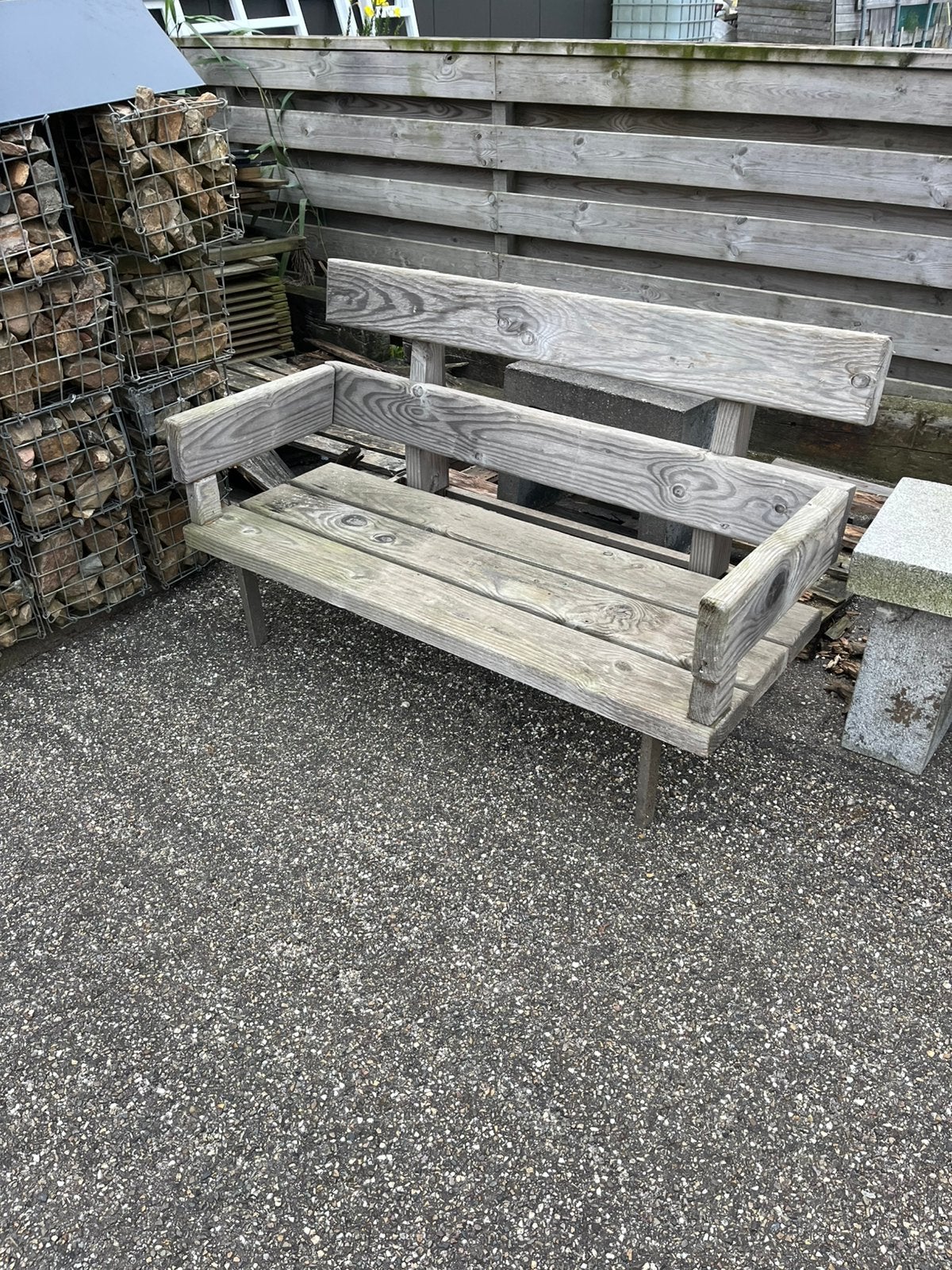 Houten buiten bank met stalen frame, Tuin en Terras, Ophalen, Gebruikt, Hout