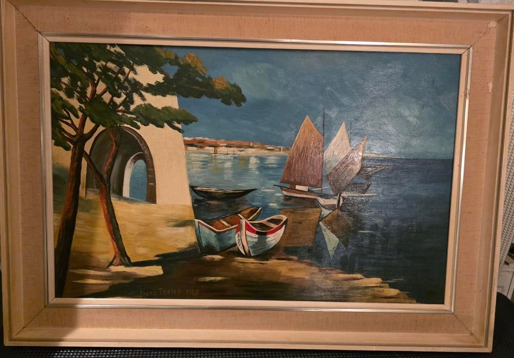 Olieverfschilderij Franz Thelen 1967 - Zeegezicht met boten, Ophalen of Verzenden