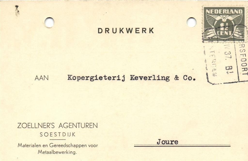 Zoellner Agenturen, Soestdijk - 04.1937 - drukwerk, Postzegels en Munten, Ophalen of Verzenden, Briefkaart