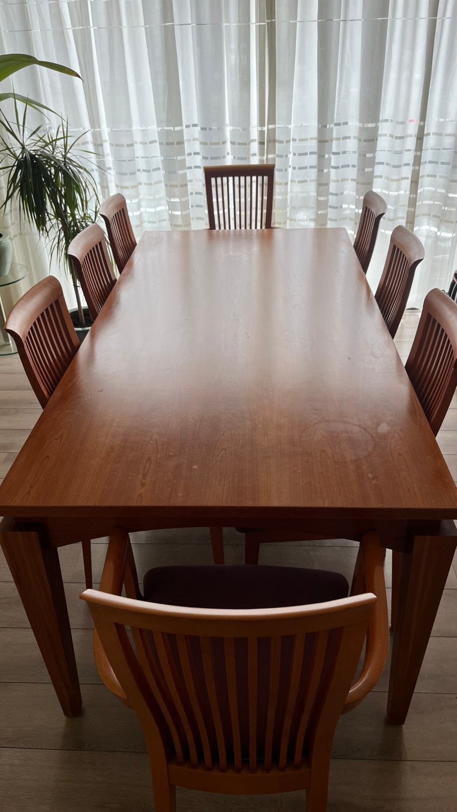 Kersen houten eettafel met 8 stoelen, Ophalen, Gebruikt, 6 tot 8 stoelen