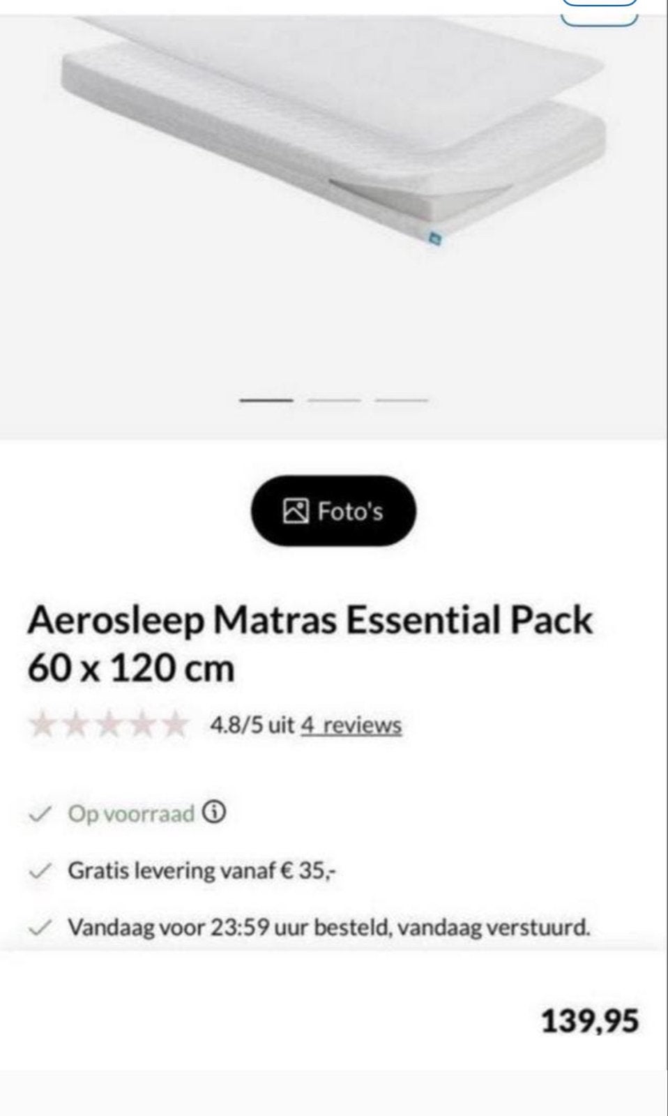 Aerosleep matras 60x120 cm met hoeslakens - Zo goed als nieu, Ophalen, Zo goed als nieuw, Minder dan 140 cm, Matras
