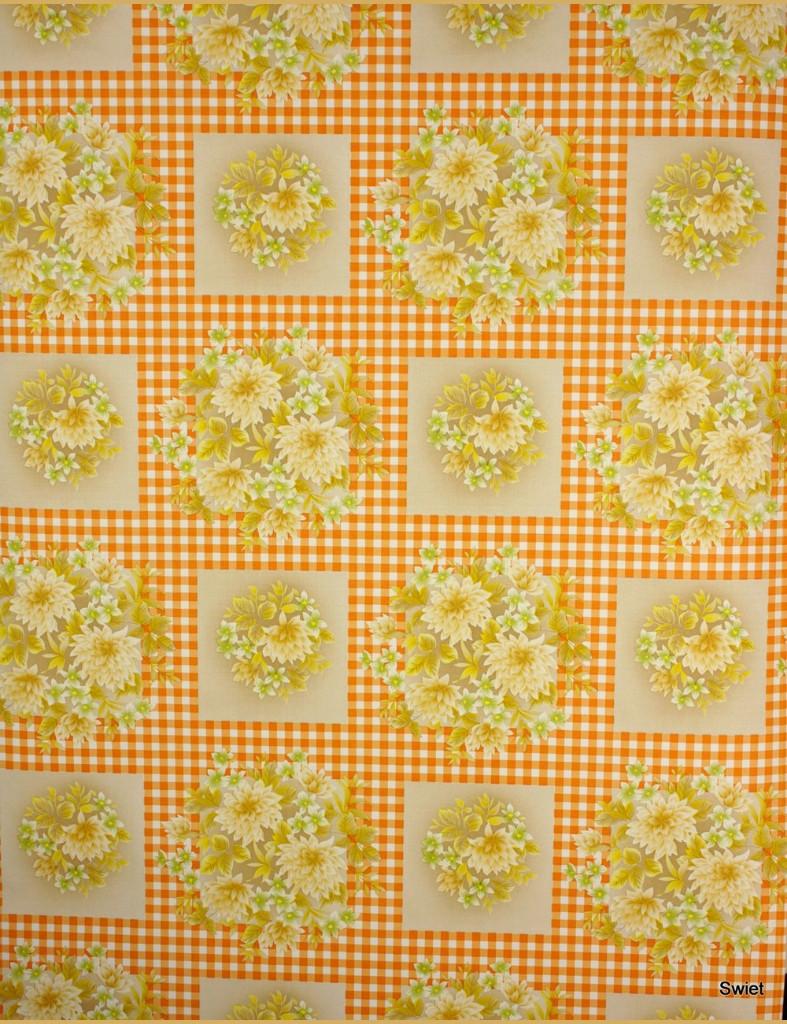 4728 Vintage behang oranje ruit bloemen 70s keuken swiet, Ophalen of Verzenden, 10 tot 25 m², Oranje