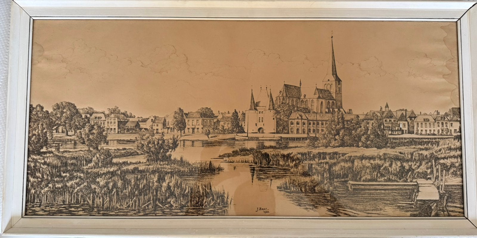 Pentekening J Bast 1953 aanzicht Kampen 80x40 cm, Antiek en Kunst, Kunst | Tekeningen en Foto's, Ophalen
