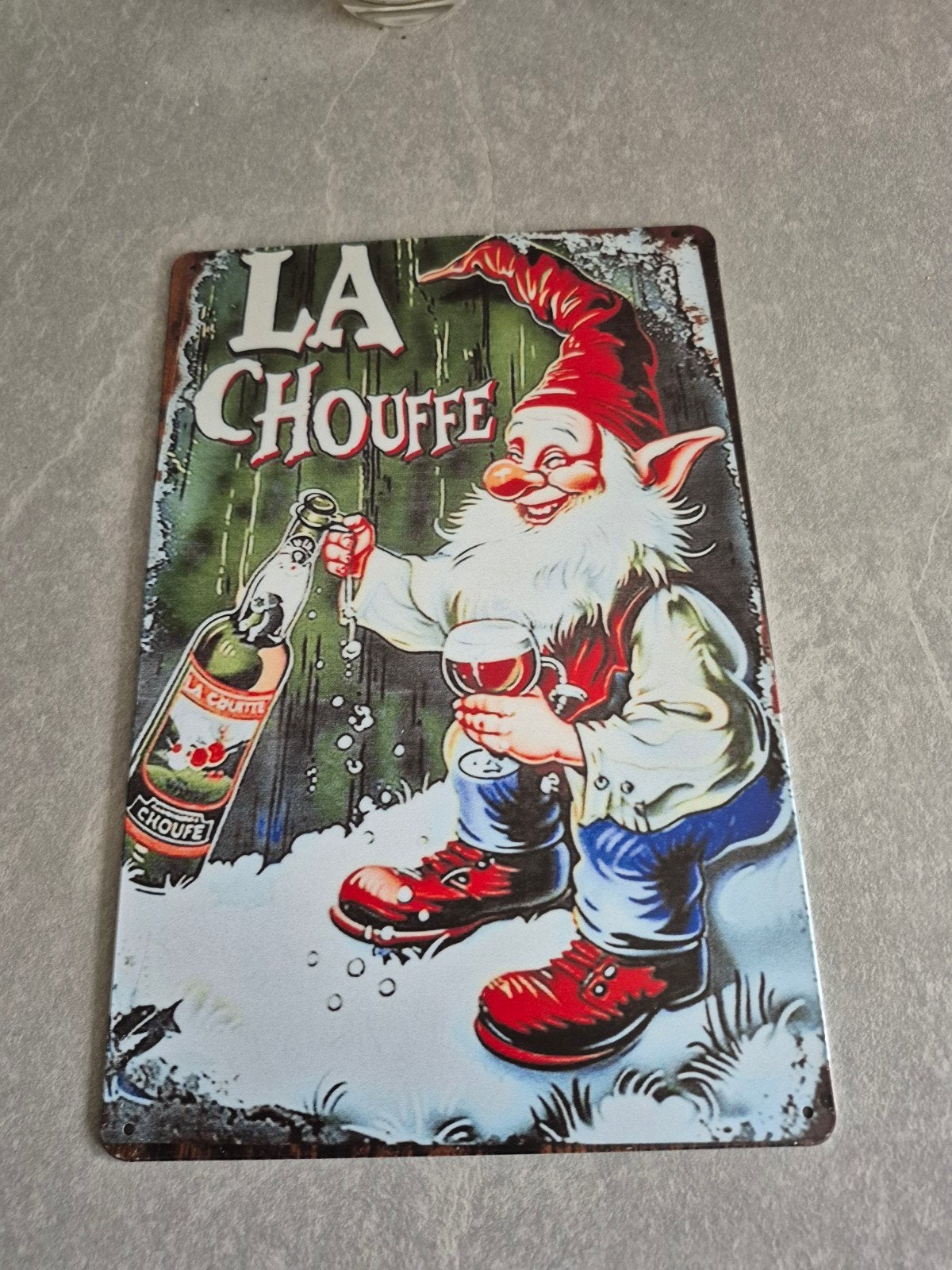 La Chouffe metalen reclamebord - Kabouter met bier, Ophalen of Verzenden, Zo goed als nieuw, Reclamebord