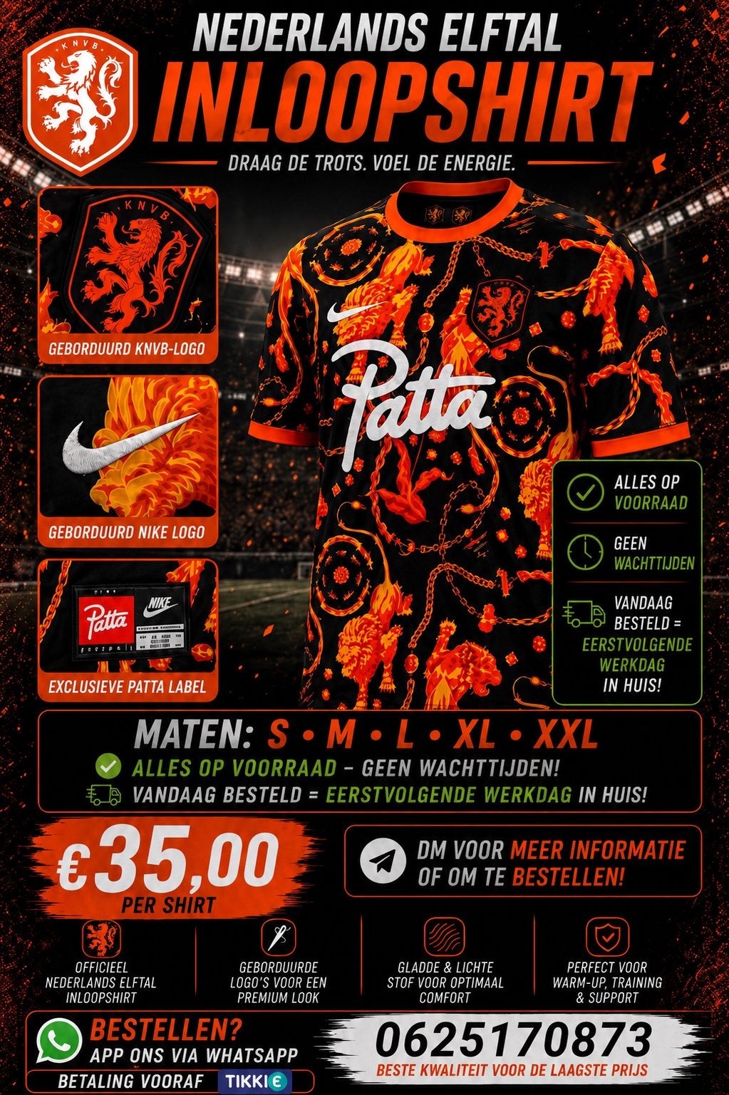 Patta Inloopshirt nederlands elftal actie, Maat L, Verzenden, Nieuw, Shirt
