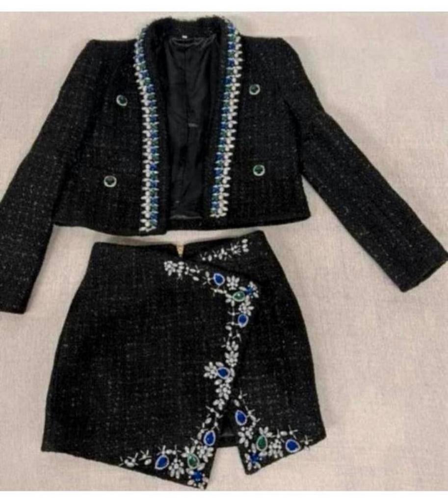 Handgemaakt kralen tweed blazer S + rok setje dames vrouwen, Zwart, Nieuw, Ophalen of Verzenden, H