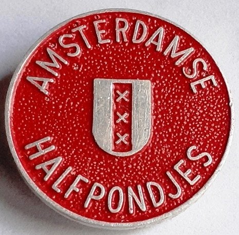 Amsterdamse Halfpondjes (promo broodbeleg)-oud speldje, Verzamelen, Speldjes, Pins en Buttons, Ophalen of Verzenden, Zo goed als nieuw