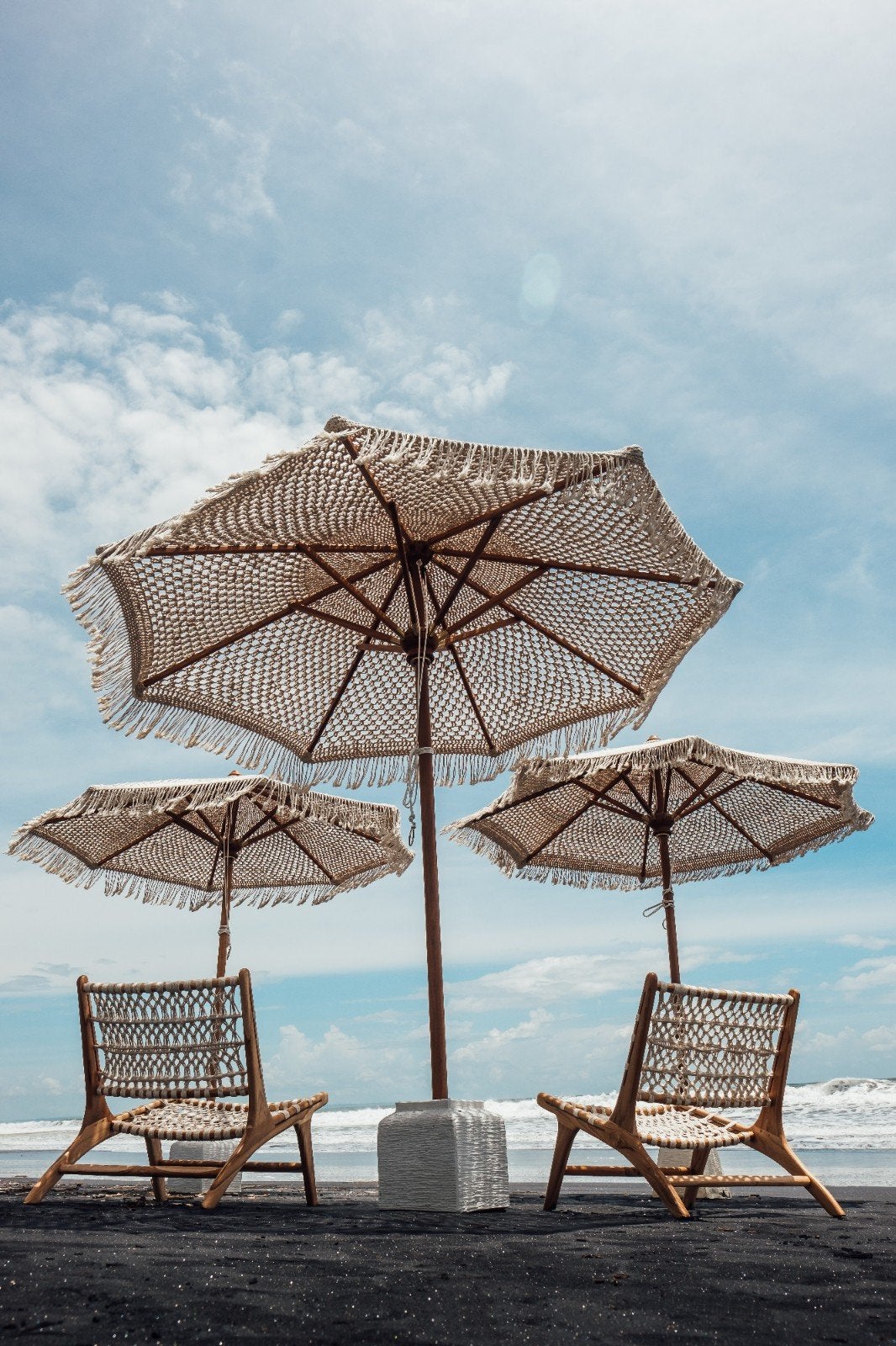 Handgeknoopte Teakhouten Parasol 250cm Crème/Zwart, Ophalen of Verzenden, Nieuw, 2 tot 3 meter, Stokparasol
