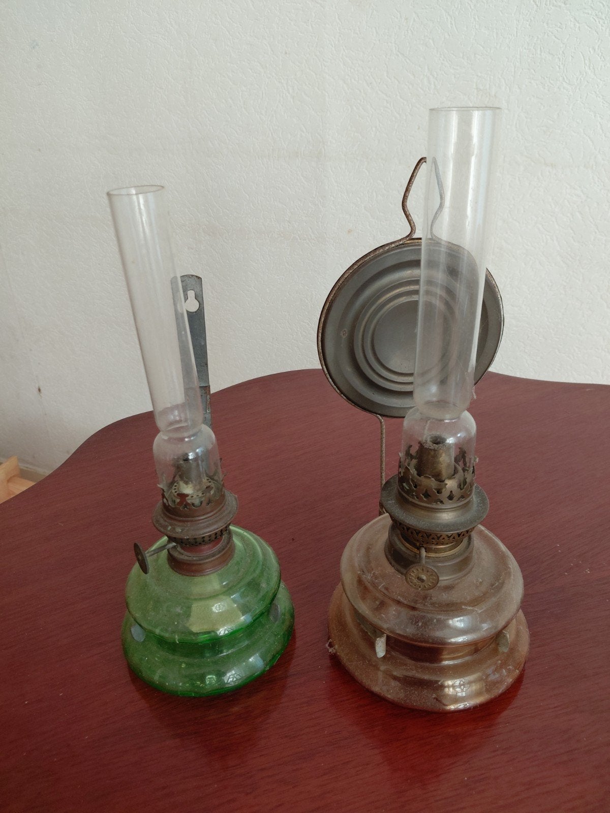 Antieke olielampen set - groen en bruin glas, Ophalen