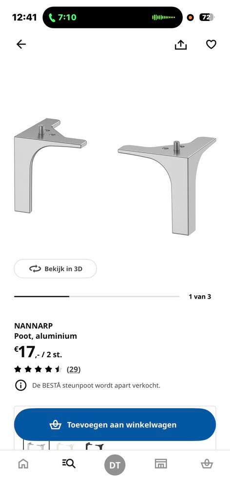 IKEA poot 4 x Nannarp zilver/ chroom/ aluminium, Ophalen, Zo goed als nieuw