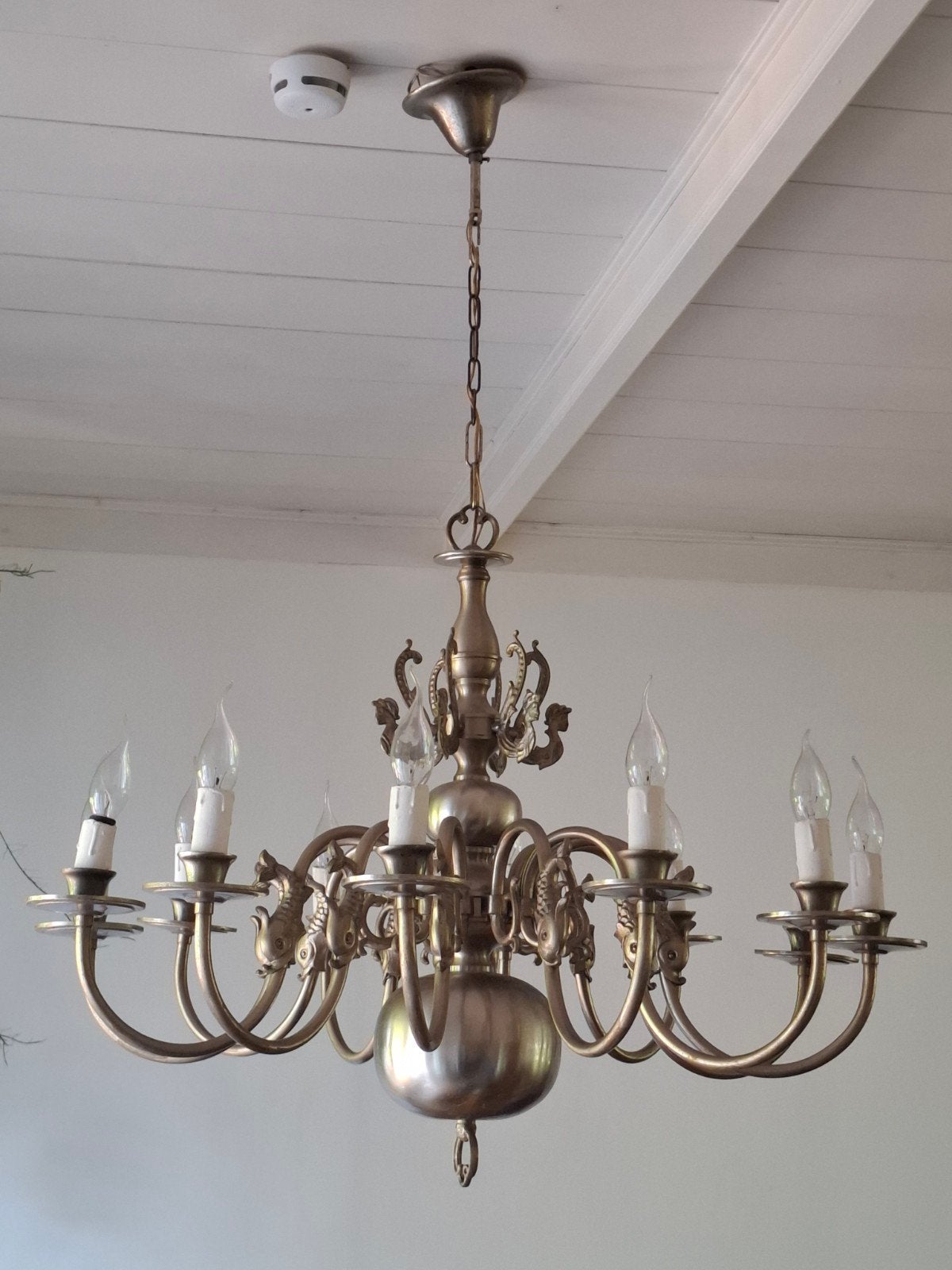Grote Antieke Hollandse Bolkroonluchter 12 Arms Tin/Brons, Ophalen