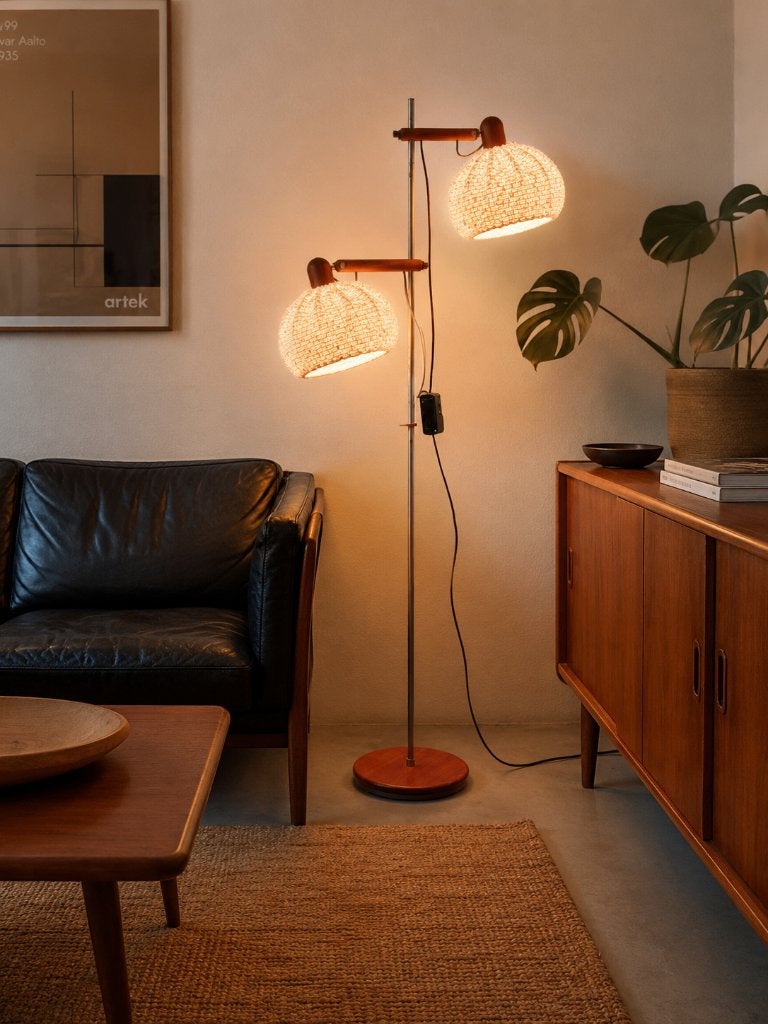 Deens Design vloerlamp teak & geweven kappen  jaren '60/'70, Ophalen, Gebruikt, Natuurlijk materiaal, E27 (groot)