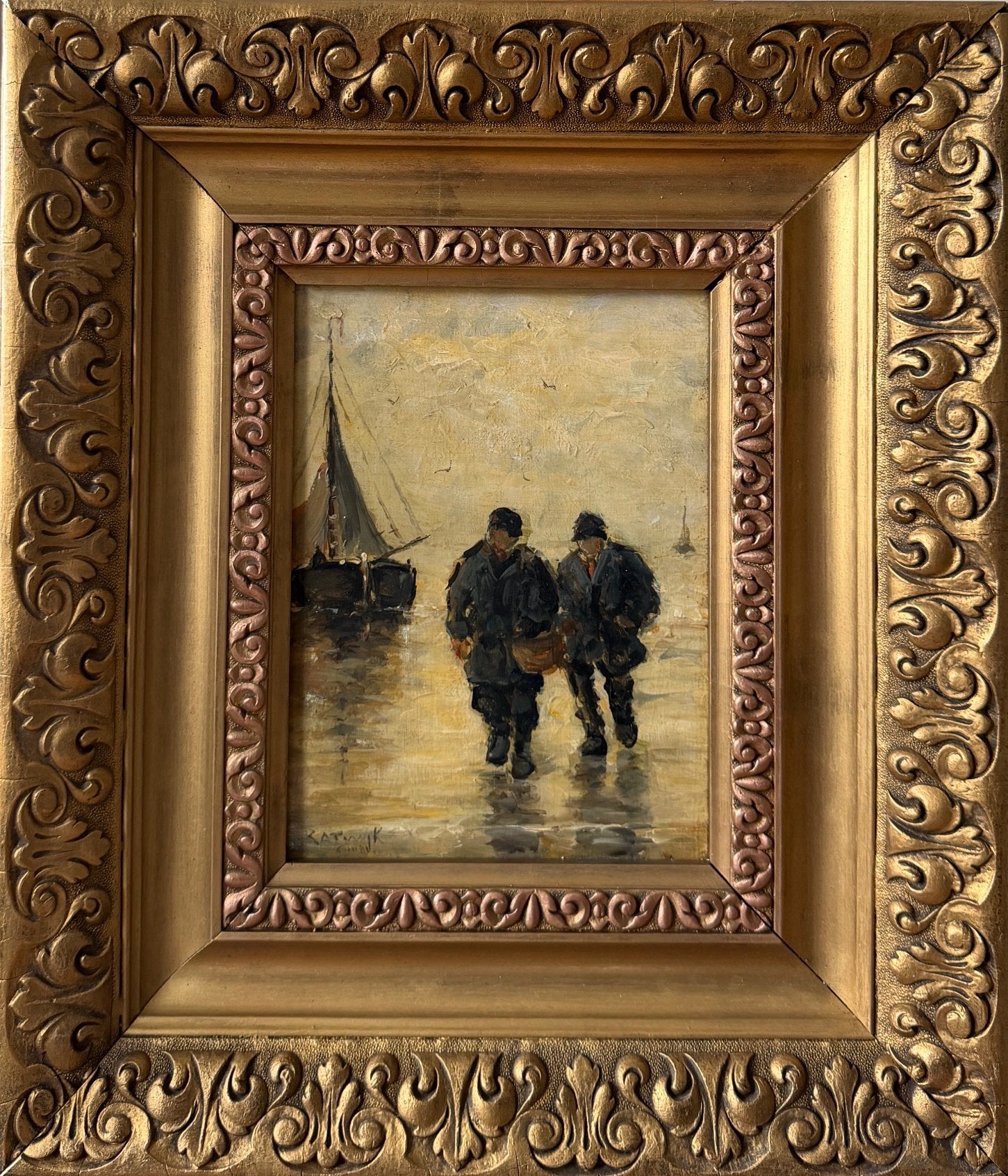 Bomschuit op het strand. G G Munthe, Verzenden, Impressionistisch, Bijzondere lijst, Olieverf