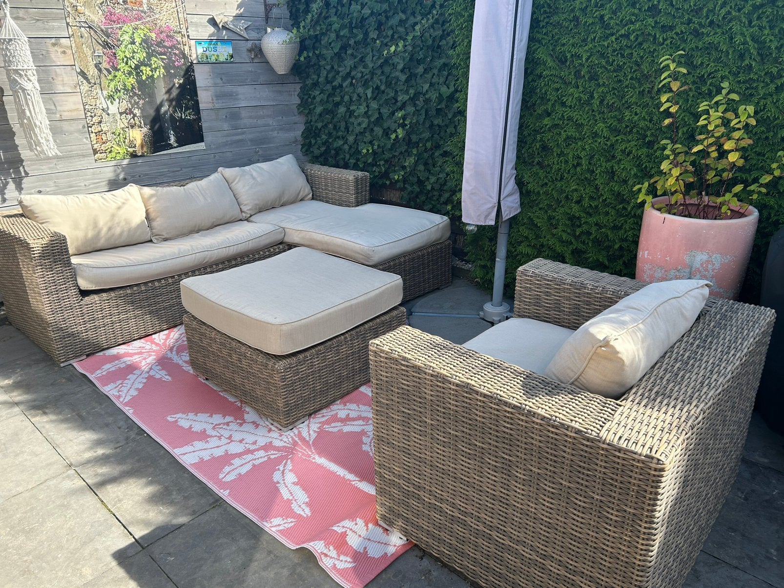 Loungeset met hocker en stoel, Tuin en Terras, Tuinsets en Loungesets, Ophalen, 5 zitplaatsen, Loungeset, Wicker
