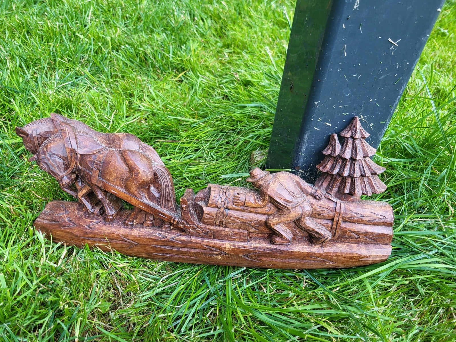Uniek Houtsnijwerk: Paarden trekken boomstammen, Antiek en Kunst, Kunst | Beelden en Houtsnijwerken, Houtsnijwerk, Ophalen of Verzenden